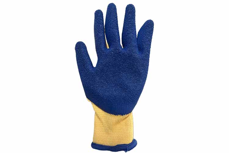 Yellow and blue latex coated gloves